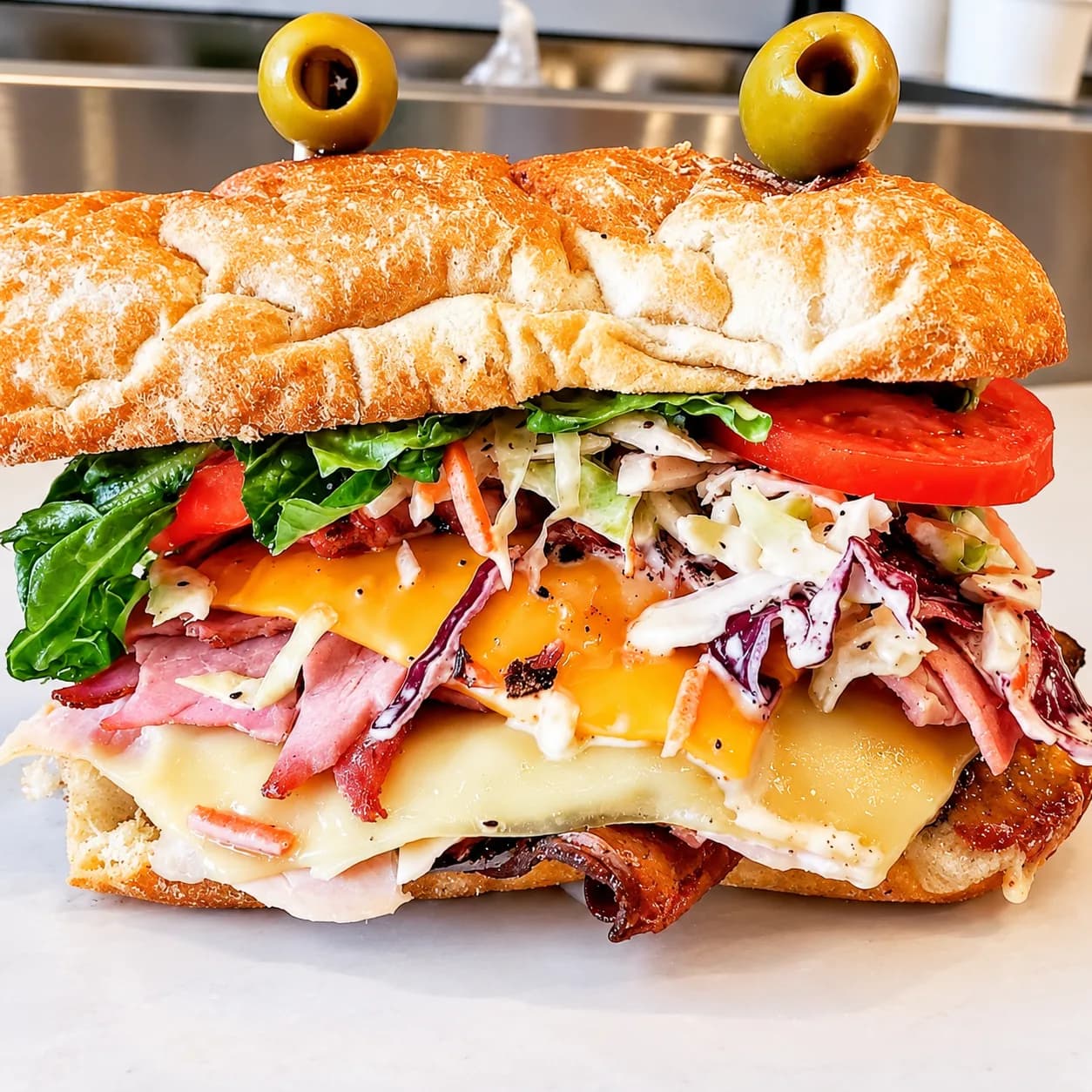 The Dagwood, stacked high with two olives on top